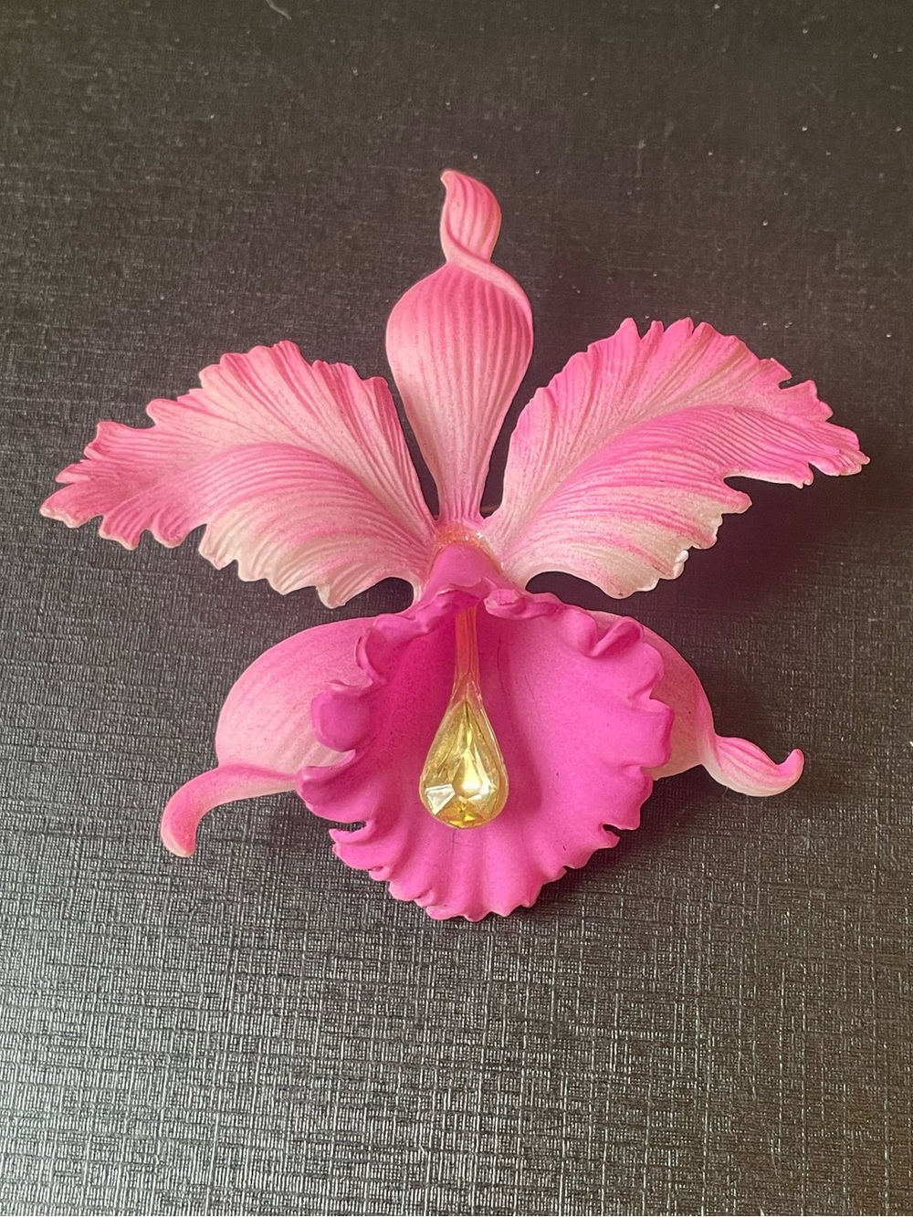 Vintage Pink Orchid Brooch with Rhinestone Accent Celluloid Plastic